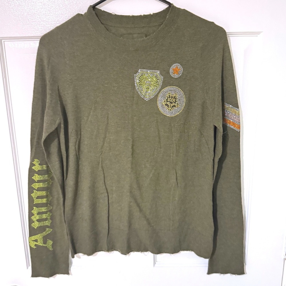 Zadig & Voltaire Miss Multistrass Cashmere Sweater Olive Green Rhinestone S